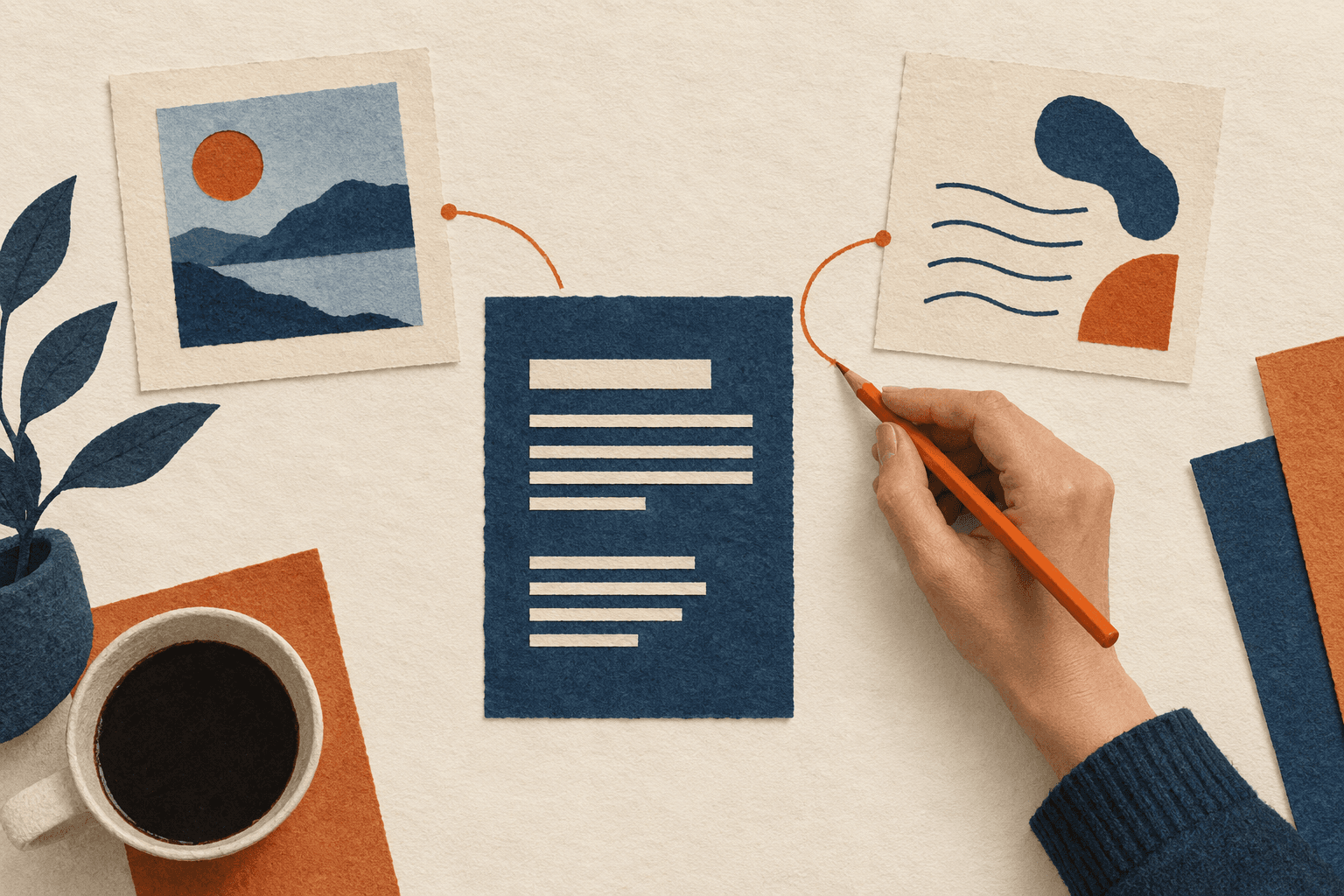 A reviewer uses an orange pencil to connect a document with its surrounding visual and written context.