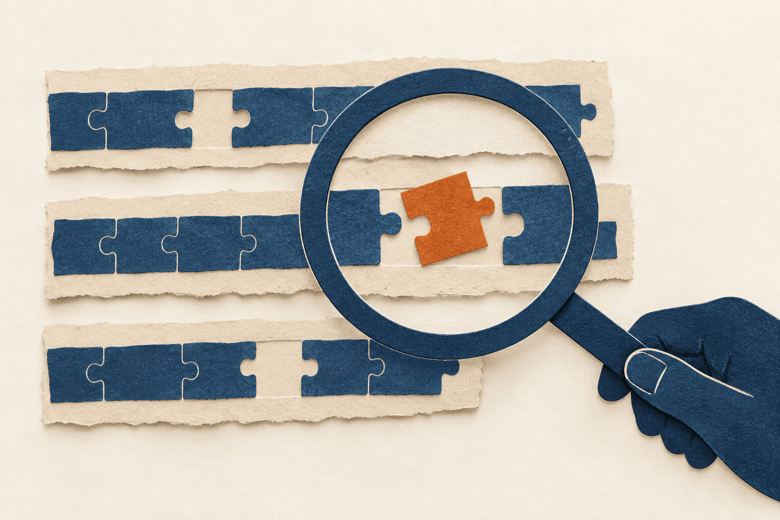 A magnifying glass reveals an orange piece that does not fit among blue translation segments.