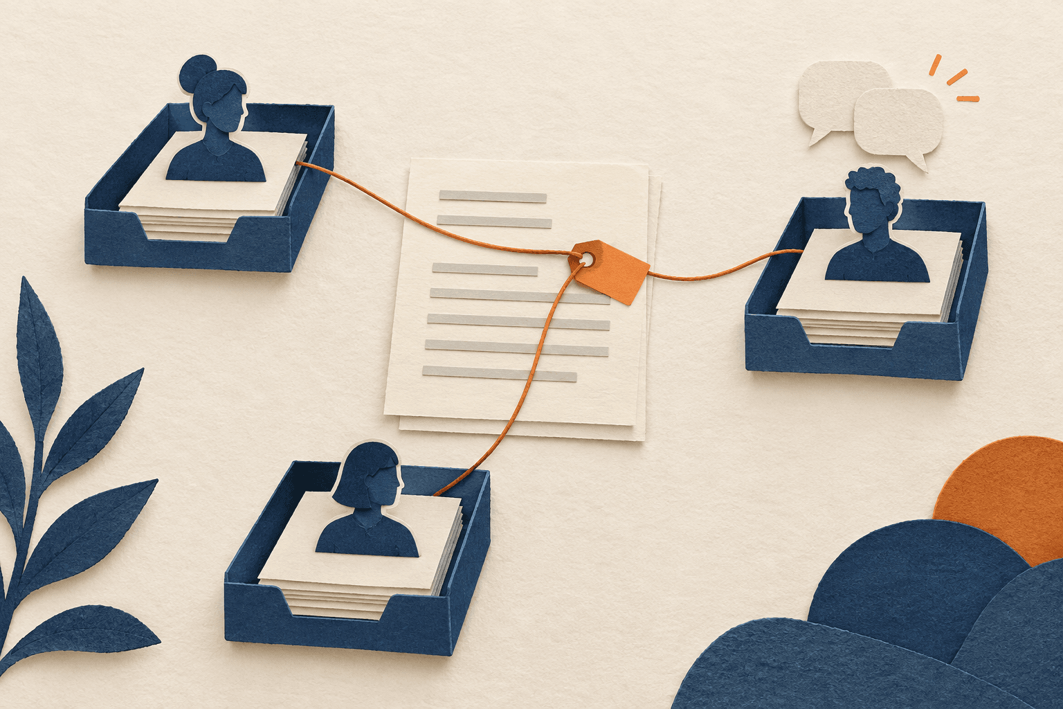 Three vendor work trays connect by orange threads to one shared document and a resolved conversation.