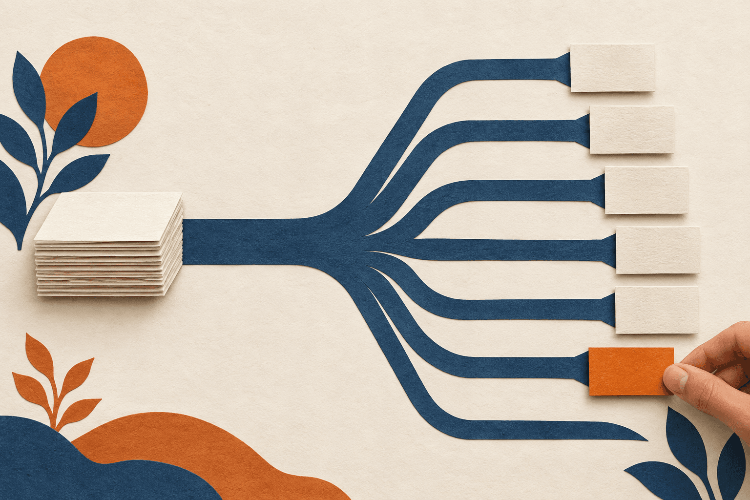 A source document stack branches into parallel delivery lanes, with an orange card joining a new lane.