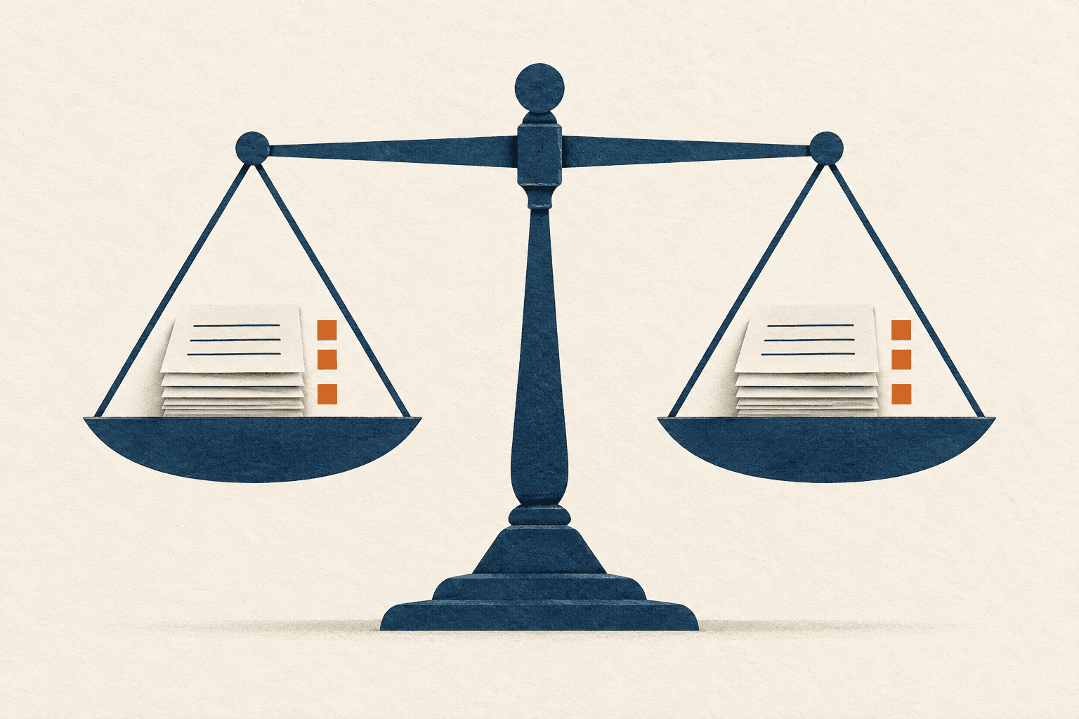 A balanced blue scale holds matching document stacks with orange markers for shared review criteria.