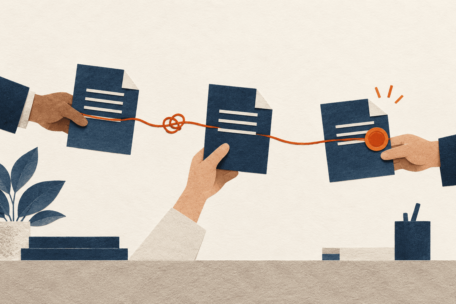 Three document cards passed between hands, linked by an orange thread that knots at a handoff.